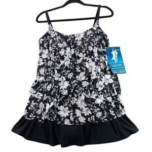Great Lengths Swimdress Womens 14 Black Floral Ruffle Tank Tummy Control Bra